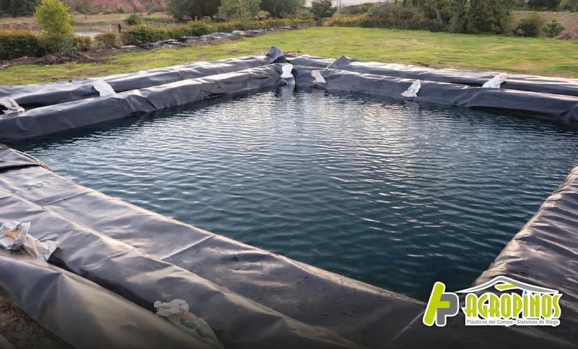 Instalación profesional de geomembrana en reservorio agrícola
