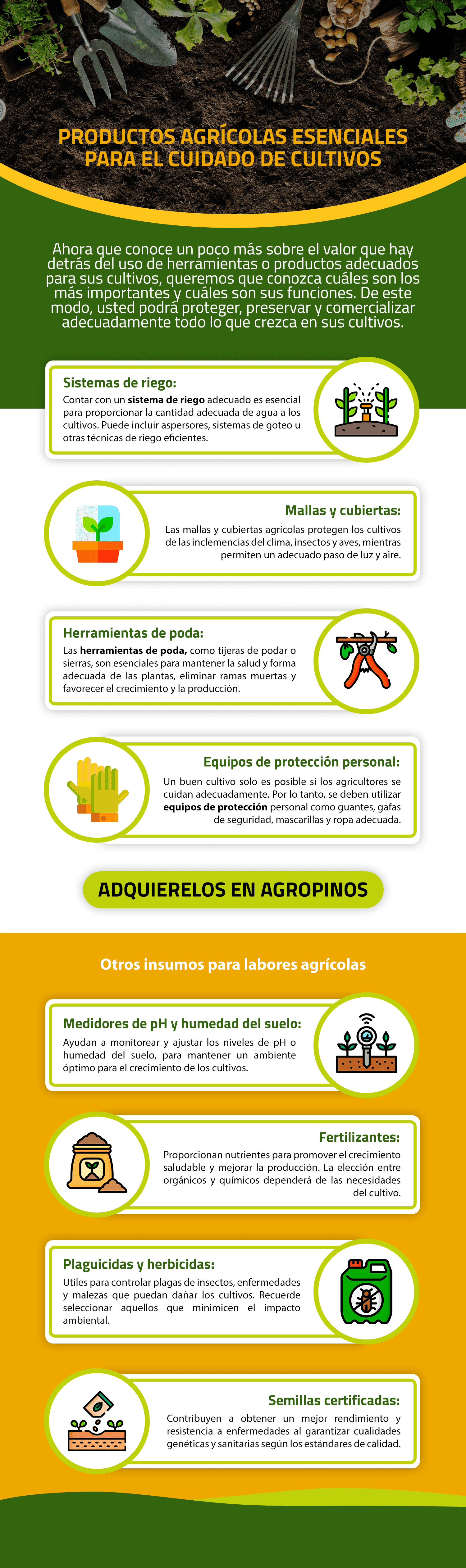 infografia productos esenciales para cuidar cultivos